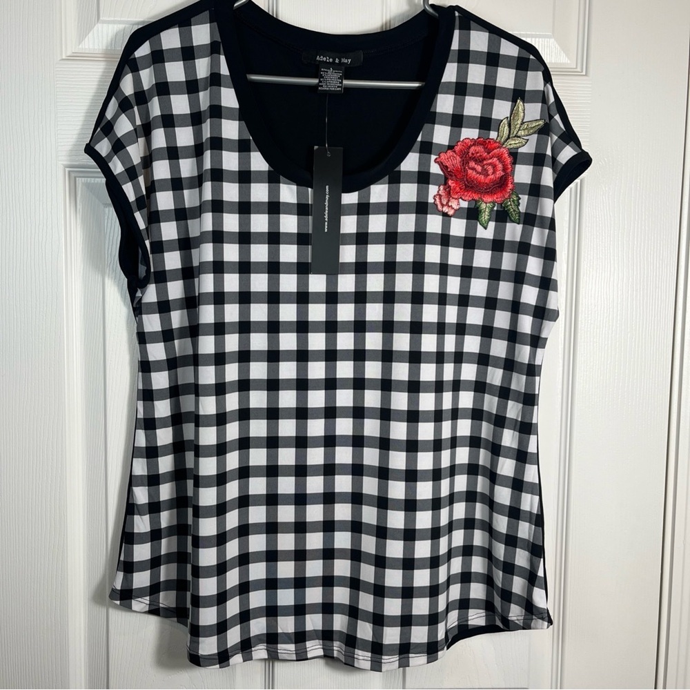 ADELE & MAY Blouse Black White Checked Front Rose Appliqué Womens Size Large